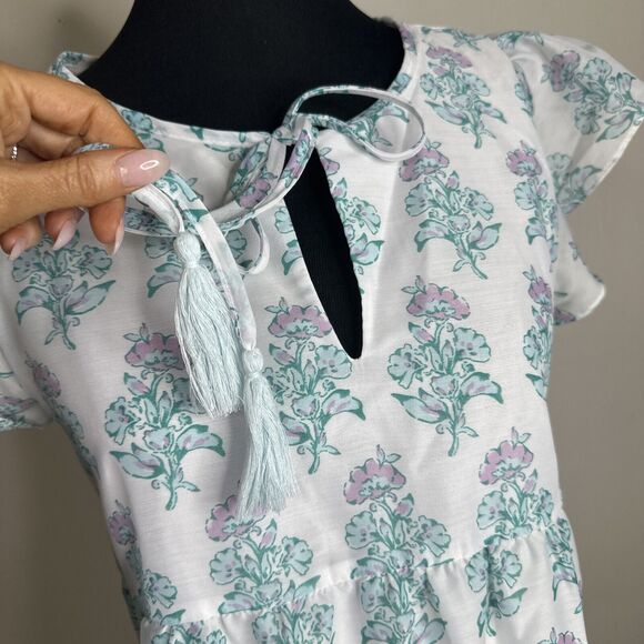 J Marie CECILIA RUFFLE SLEEVE DRESS Sz Large Tiered White Teal Floral Print - Picture 6 of 11